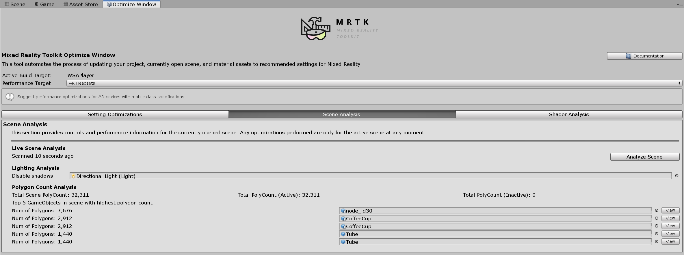 MRTK Optimize Window Settings